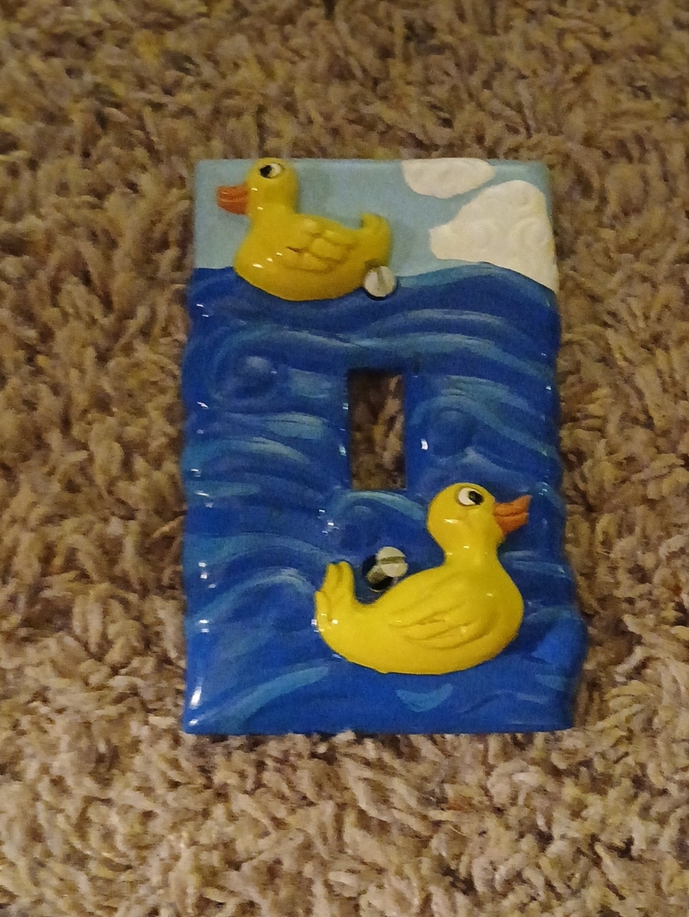 Hand-Painted Yellow Duck Ceramic Light Switch Cover - Blue Background